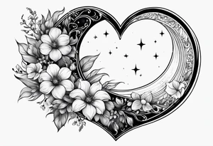 Crescent moon with a heart inside, shrouded by beautiful flowers with wisps of mist - hand tattoo tattoo idea