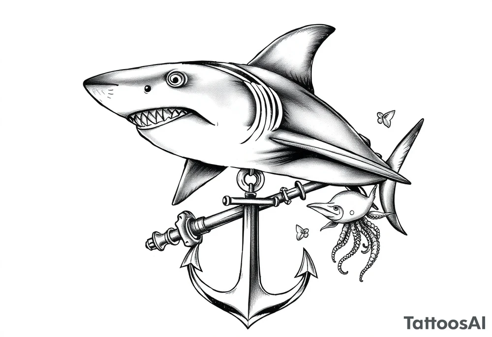 a hammerhead- shark, under it an anchor,fishes,jellyfisches,octopus. tattoo idea