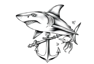 a hammerhead- shark, under it an anchor,fishes,jellyfisches,octopus. tattoo idea