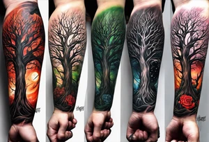 A religious christian forearm tattoo portraying redemption represented by a tree progressing from death to life tattoo idea