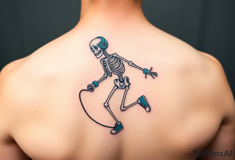Funny minimalist small skeleton jumping on  jump rope with a blue headphones and blue tennis shoes and blue wrist bands tattoo idea