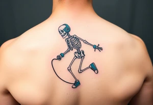 Funny minimalist small skeleton jumping on  jump rope with a blue headphones and blue tennis shoes and blue wrist bands tattoo idea