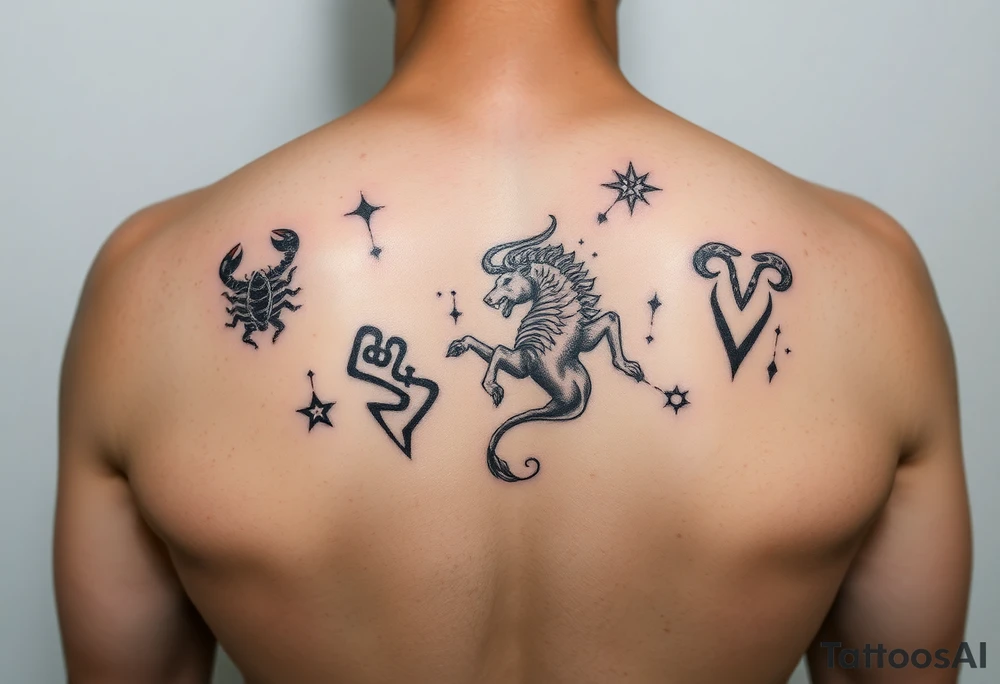 Back piece artistic water color constellations for family members: Scorpio (x2) Taurus, Aries (x2), leo tattoo idea