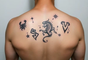 Back piece artistic water color constellations for family members: Scorpio (x2) Taurus, Aries (x2), leo tattoo idea
