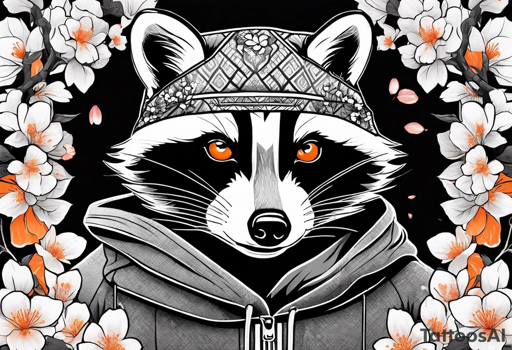 raccoon wearing a black and white Superman hoodie and orange Japanese cherry blossoms tattoo idea