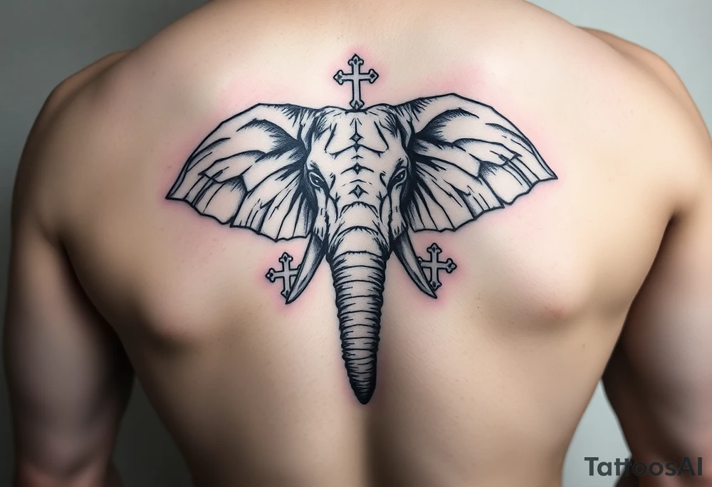 powerful majestic elephant with 3 crosses tattoo idea