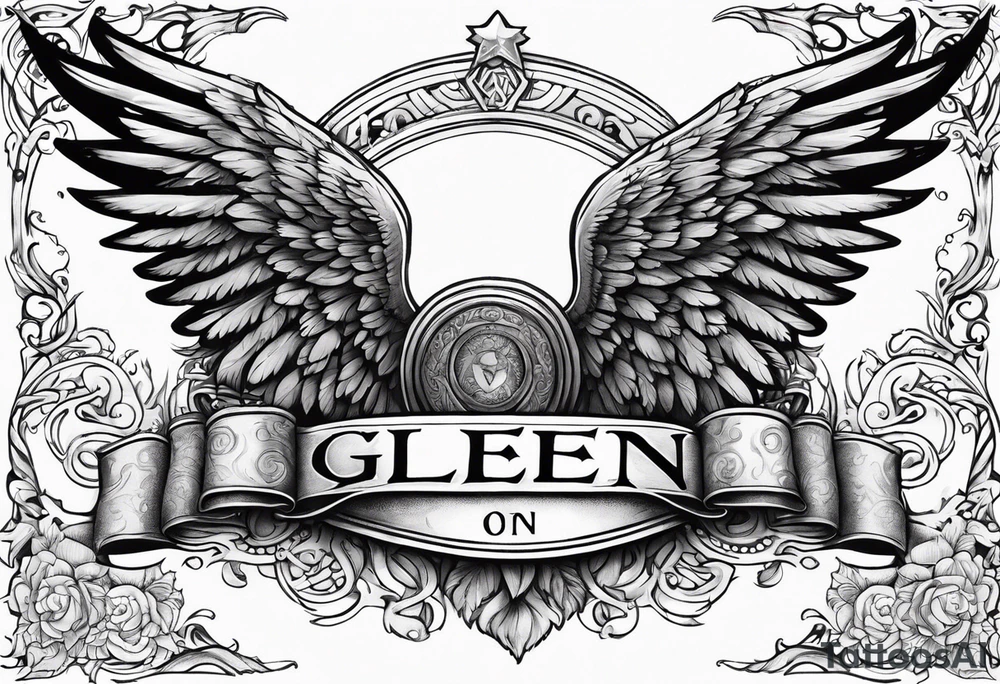 The word Glenn on a banner with angel Wings tattoo idea