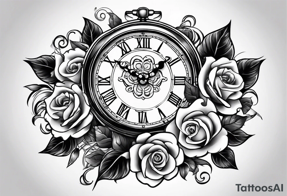 Pocket clock with chain and roses tattoo idea