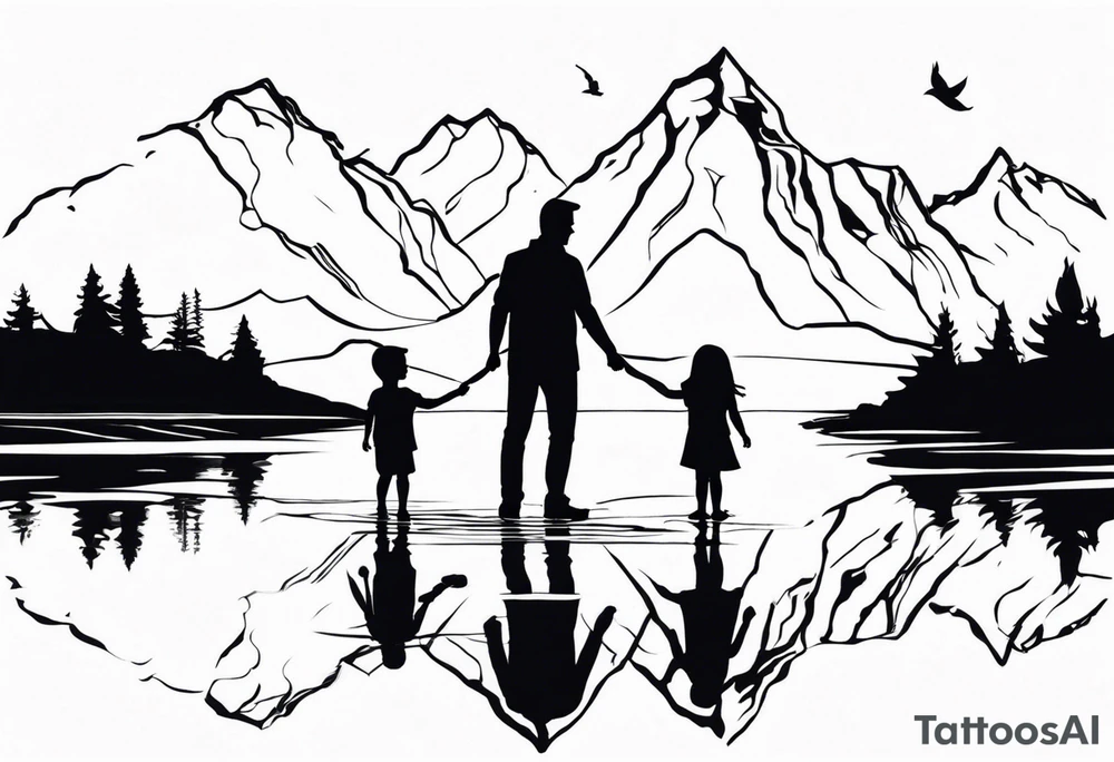 Father in between 6 year old daughter and 2 year old son. Standing in front of water with their reflection in the water behind them with tree and mountains in front of them tattoo idea