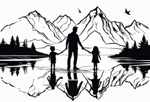 Father in between 6 year old daughter and 2 year old son. Standing in front of water with their reflection in the water behind them with tree and mountains in front of them tattoo idea