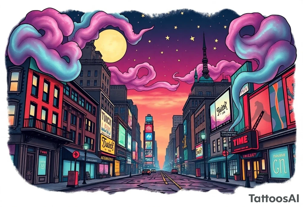 Tim Burton’s new york time square from outside view is the street abandoned and dripping with muted reds, dusty pinks, and eerie green glow purple and cyan smokey clouds swirl and dance in the moonlit night sky filled with twinkling stars  tattoo idea tattoo idea