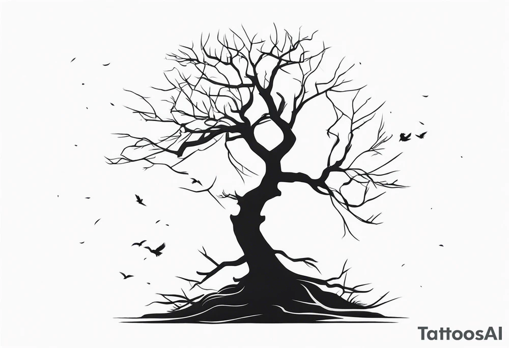 Dead tree with roots and sitting raven silhouette small tattoo idea Dead tree with roots and sitting raven silhouette small tattoo idea