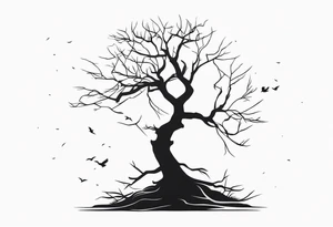 Dead tree with roots and sitting raven silhouette small tattoo idea
