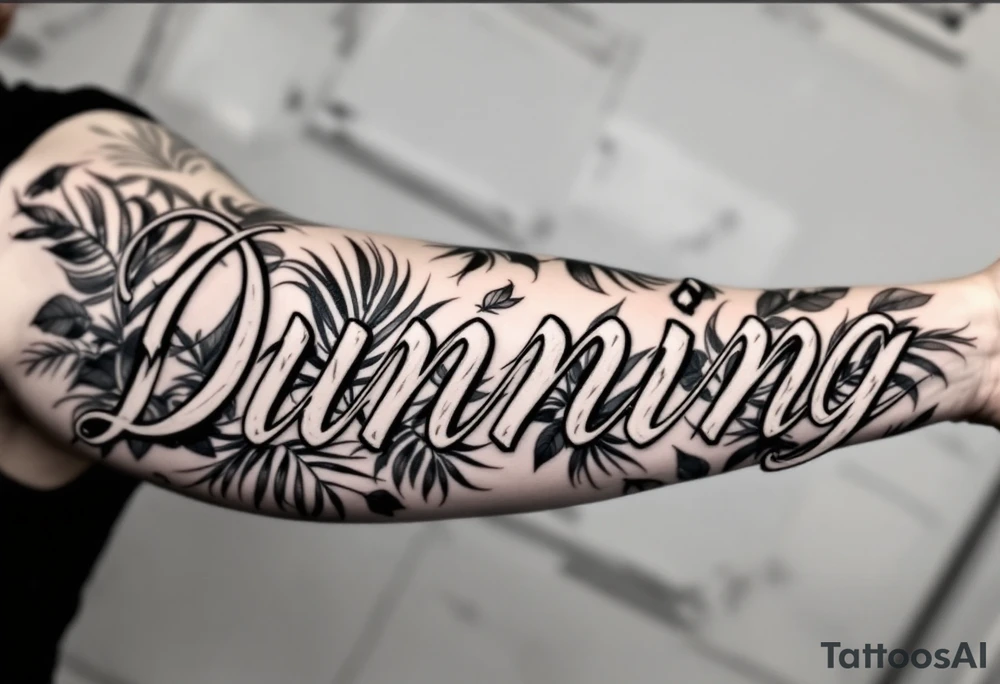 Dunning, with big jungle leaves, roses,palm trees, 90s bold font in cursive tattoo idea