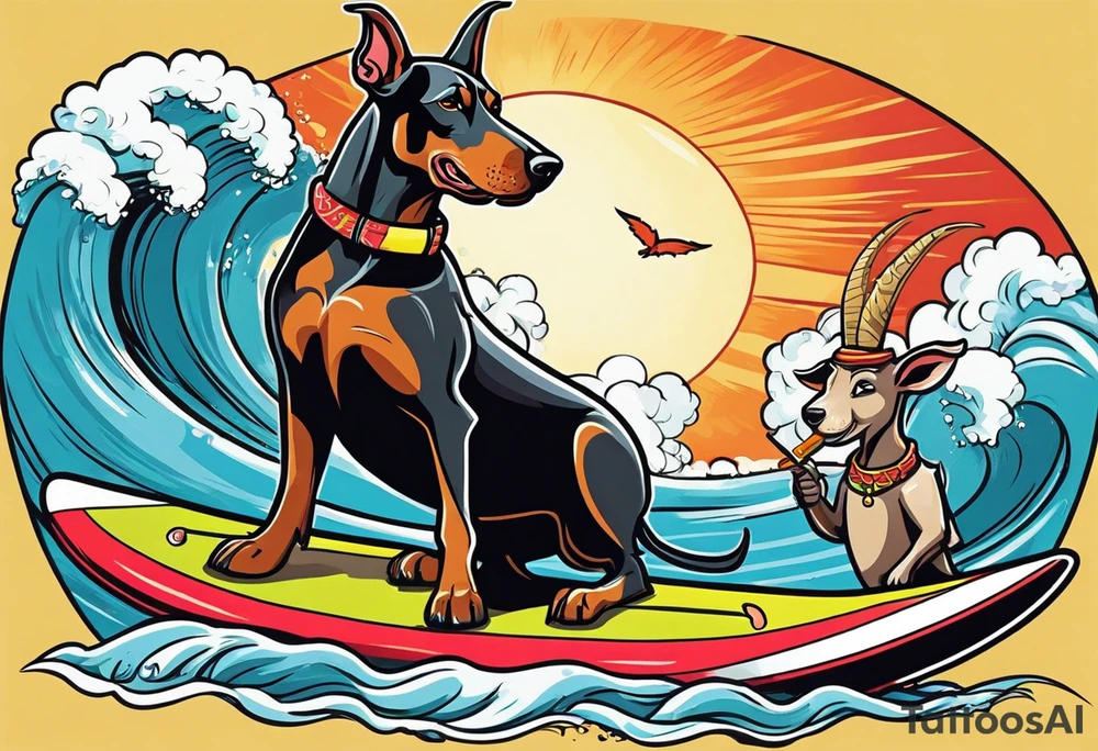 doberman smoking a cigar on a surfboard with a goat with larger horns tattoo idea