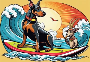 doberman smoking a cigar on a surfboard with a goat with larger horns tattoo idea