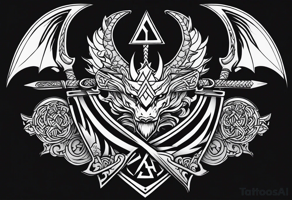 Valhalla sword shield dragon axe Valknut tattoo idea