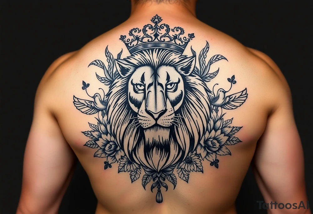 powerful majestic lion with a crown, surrounded by floral ornaments and birds tattoo idea