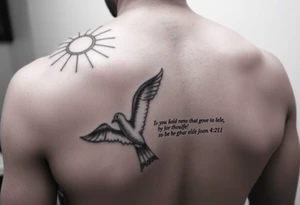 sun rays starting on shoulder going a bit onto chest and down arm with some clouds, mourning dove, bible verse 1 John 4:21 written on the bicep tattoo idea