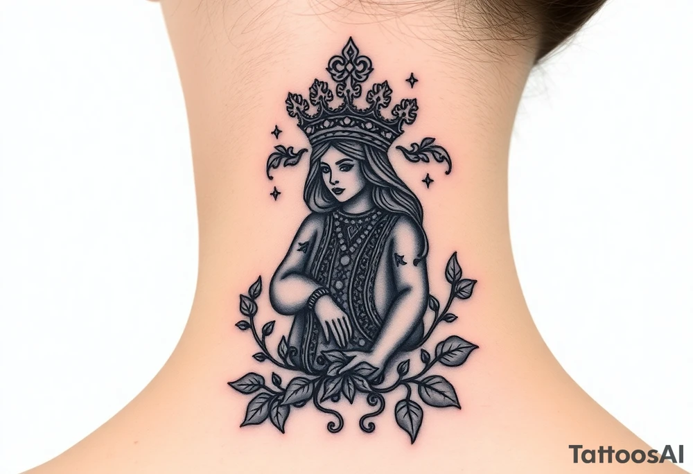Queen of spades with powerful crown surrounded by ivy tattoo idea