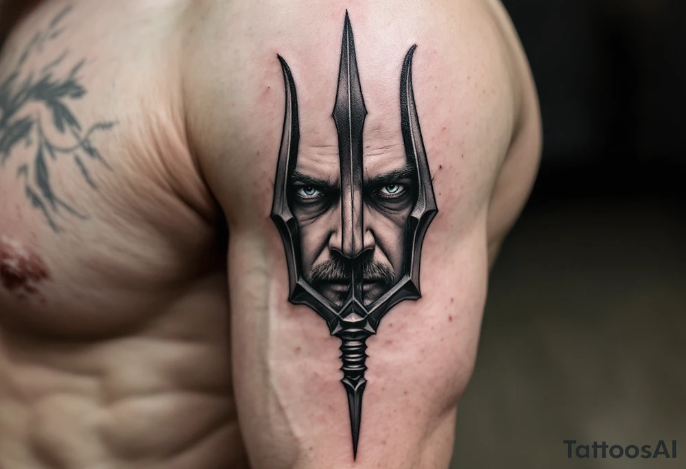 close-up man face behind a trident tattoo idea