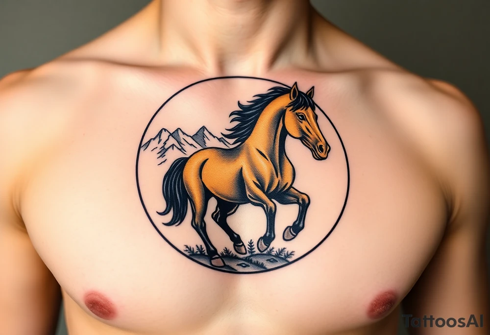 A golden mustang horse with black mane and legs, captured in motion inside a circle. The mountains and nature should frame the design, blending with the horse's black fur as a base to represent the landscape. Experiment with using the black fur to shape the mountains, playing with edges or interior details. tattoo idea