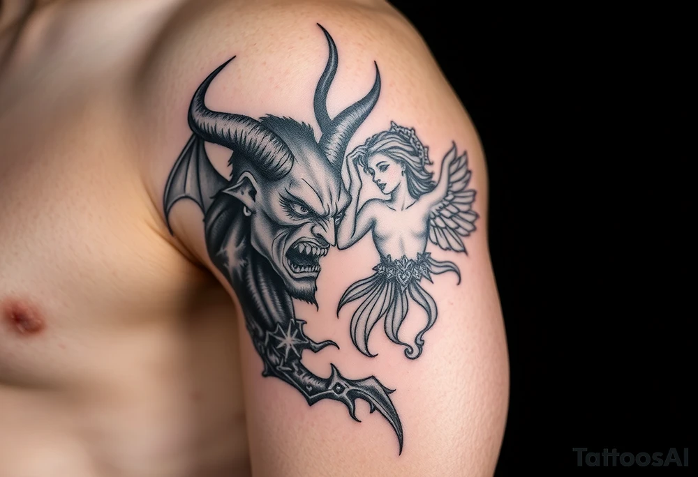 powerful demon and a beautiful angel tattoo idea