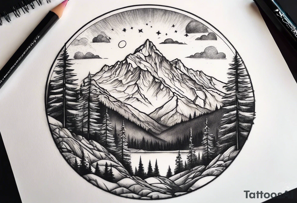 small circle shape trees mountain tattoo idea