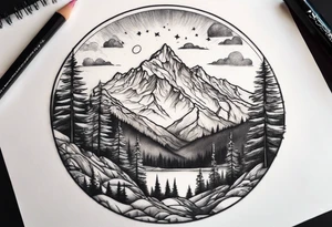 small circle shape trees mountain tattoo idea