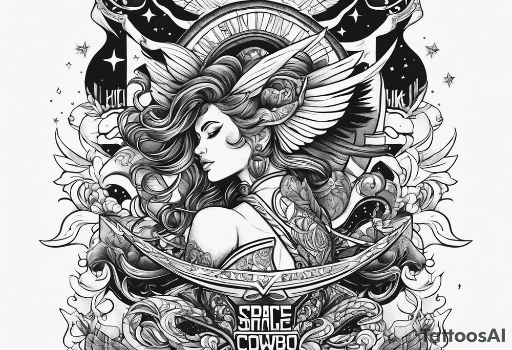 Space cowboy, text “grab all the beautiful things in life and fight like hell” tattoo idea