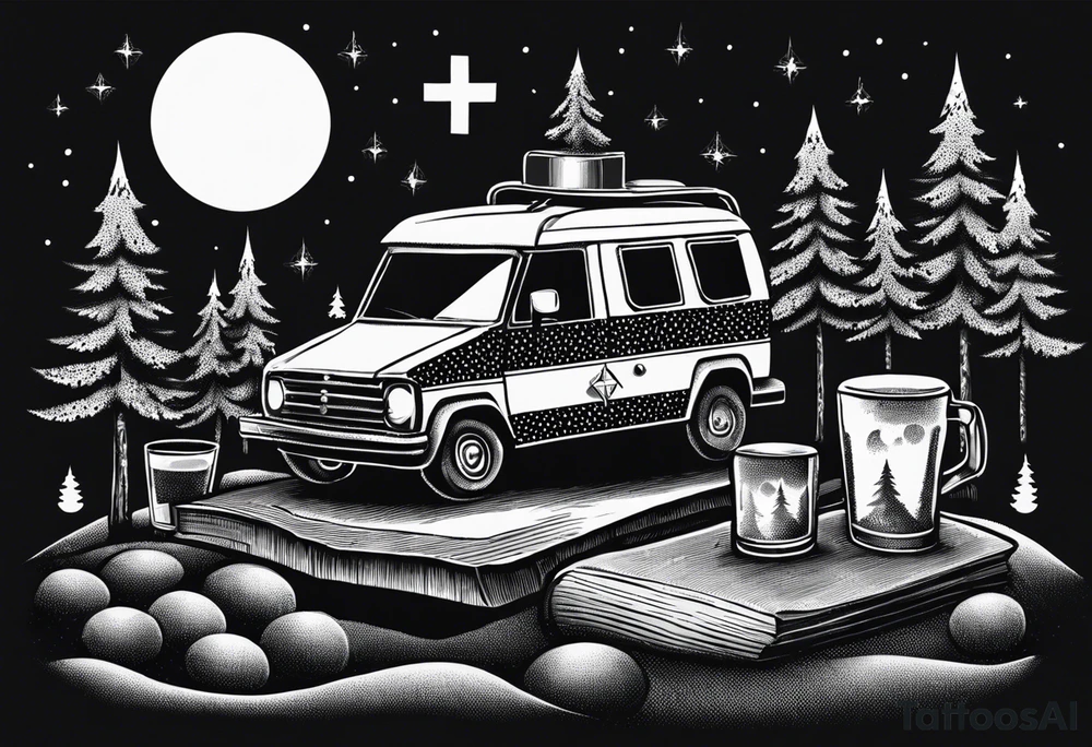 cross, campfire, golf , whiskey glass, cabin tattoo idea