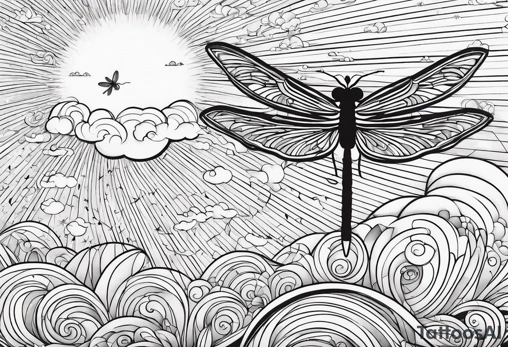 (fine line) cloud and sun with small dragonfly tattoo idea (fine line) cloud and sun with small dragonfly tattoo idea