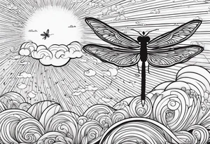 (fine line) cloud and sun with small dragonfly tattoo idea