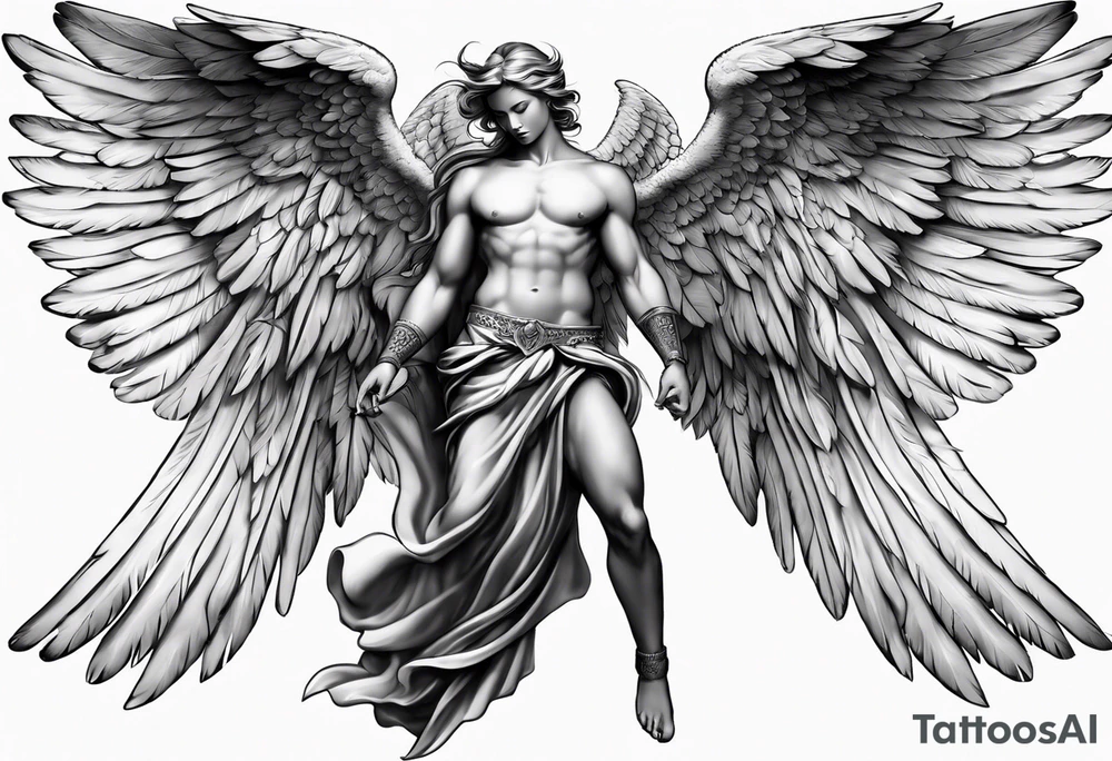 Sexy guardian angel with a full body and wings out to the sides tattoo idea