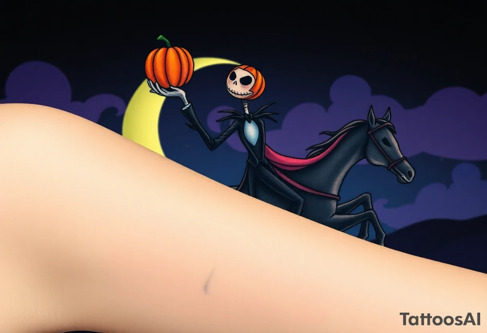 Tim Burton’s headless horseman is riding in the night he holds his pumpkin head in hand as his horse bucks upwards and dripping with muted reds, dusty pinks, and eerie green glow.purple and cyan smokey clouds swirl in the crescent moonlit sky thats sprinkled with stars tattoo idea tattoo idea
