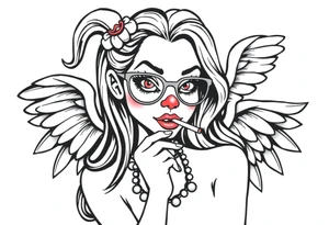 beautiful long hair pin up Clown Girl pays thug eyeglasses  angelic wings smoking a cigarette tattoo idea