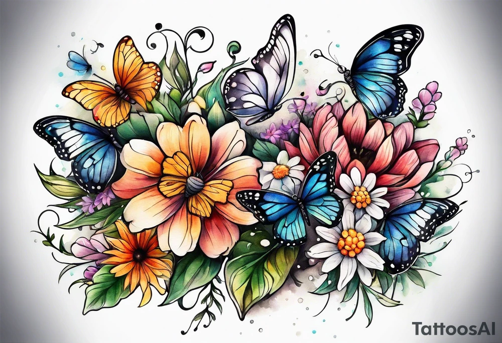 An arm sleeve, full of butterflies and random wildflowers tattoo idea