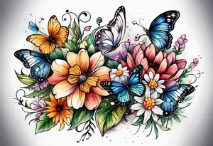 An arm sleeve, full of butterflies and random wildflowers tattoo idea