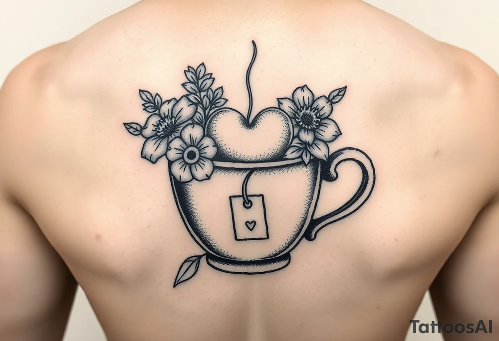 Cup of tea simple vintage small flowers love heart with a tea bag hanging out of the cup tattoo idea