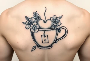 Cup of tea simple vintage small flowers love heart with a tea bag hanging out of the cup tattoo idea