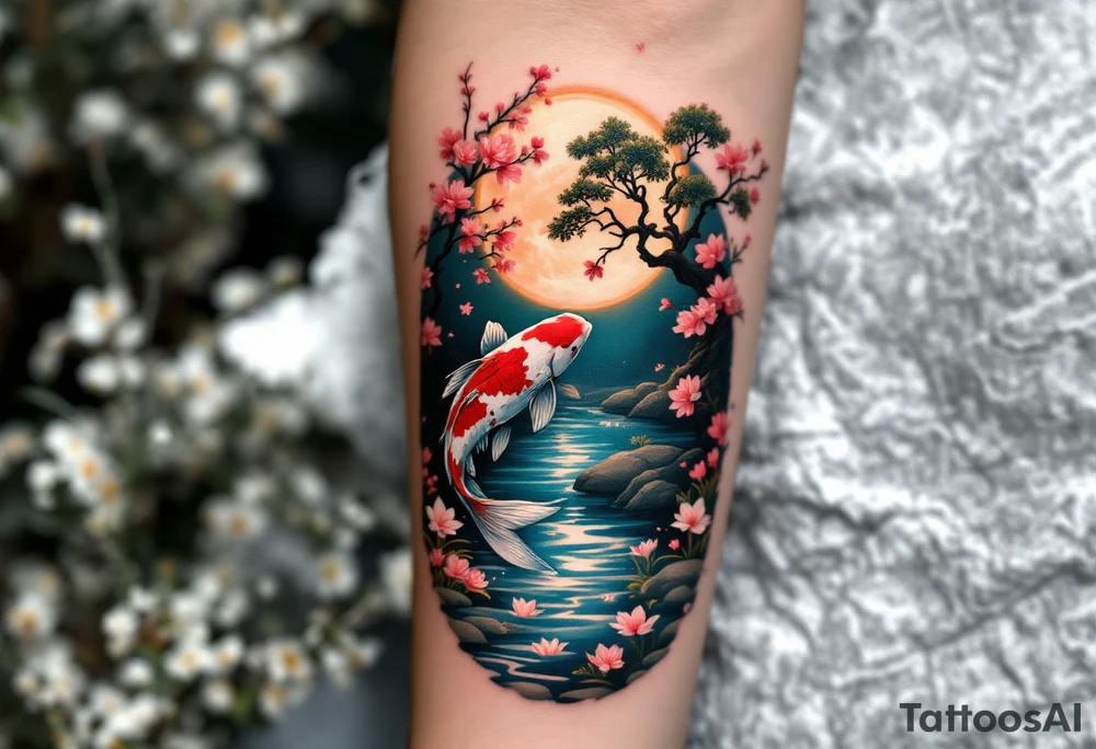 a koi fish swimming upstream in a pond moonlight by the full moon with a sakura tree by the pond surrounded by lighting tattoo idea