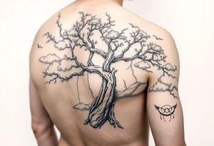 right arm sleeve, giant tree branch made of stone, clouds and lightning mixed throughout, tattoo idea