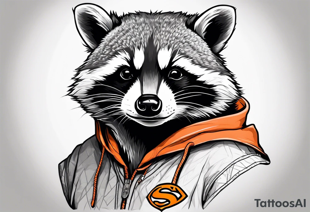 Raccoon wearing an orange Superman hoodie tattoo idea
