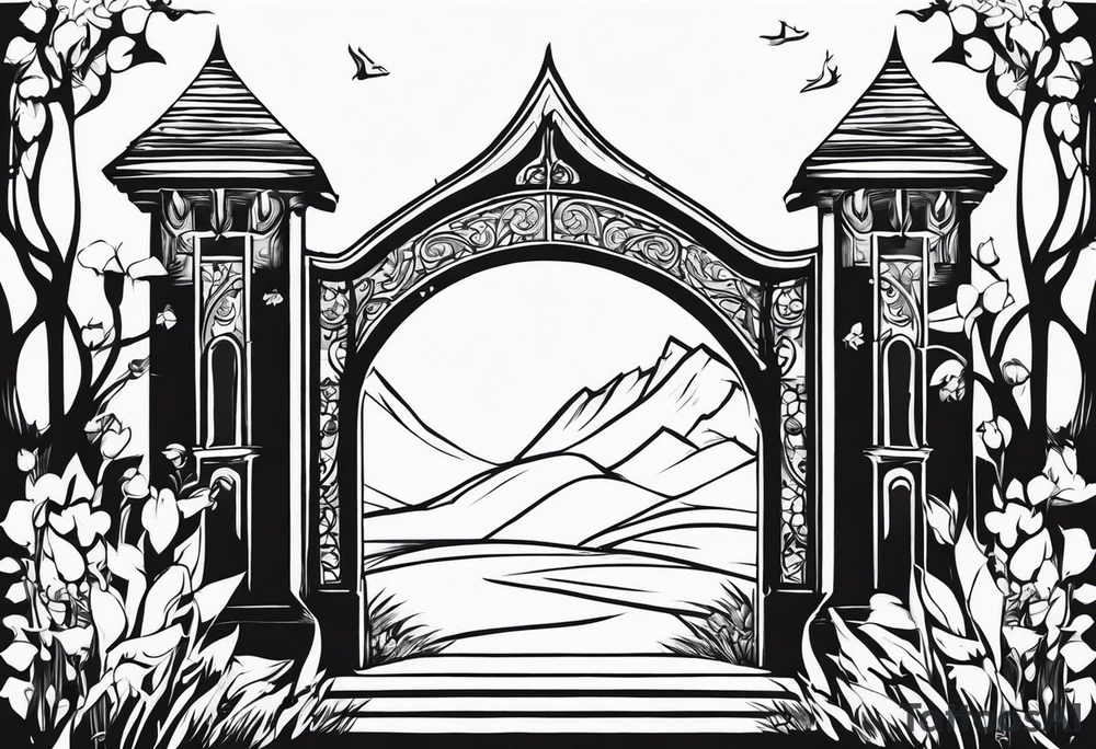 medieval tribal city gate floral land vignette tattoo idea