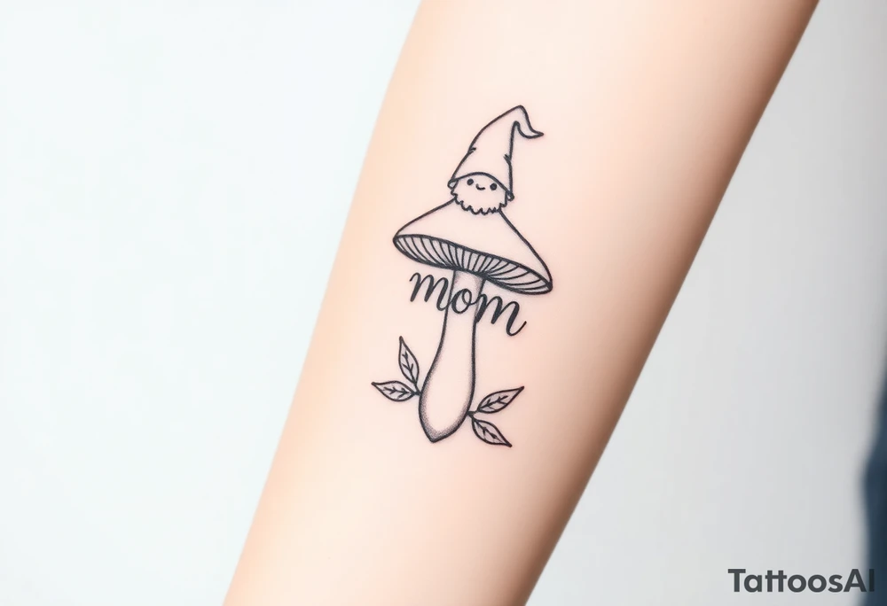 Mushroom with word mom on it with gnome on top tattoo idea