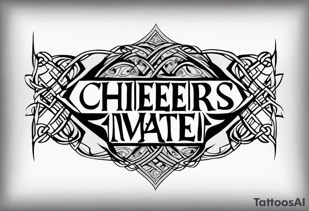 "Cheers Mate" text black and grey ink armband +Celtic +grey Cancer Ribbon +tribal +artistic tattoo idea
