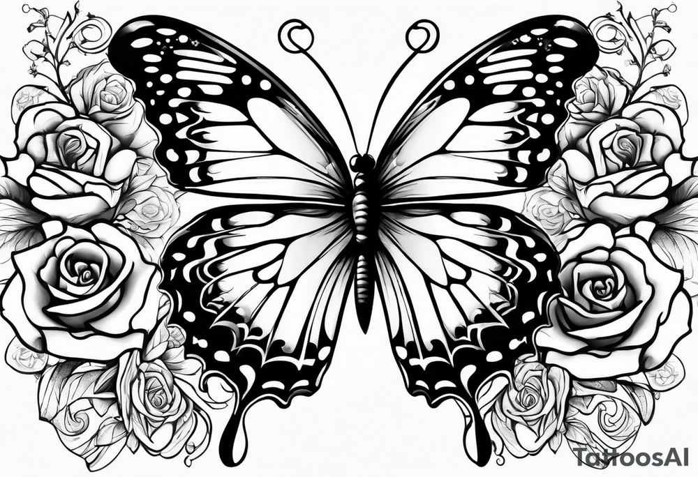 Butterfly flying with roses & filligree tattoo idea