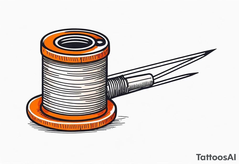 small tattoo. sewing needle with orange thread spool. tattoo idea