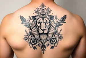 powerful majestic lion with a crown, surrounded by floral ornaments and birds tattoo idea