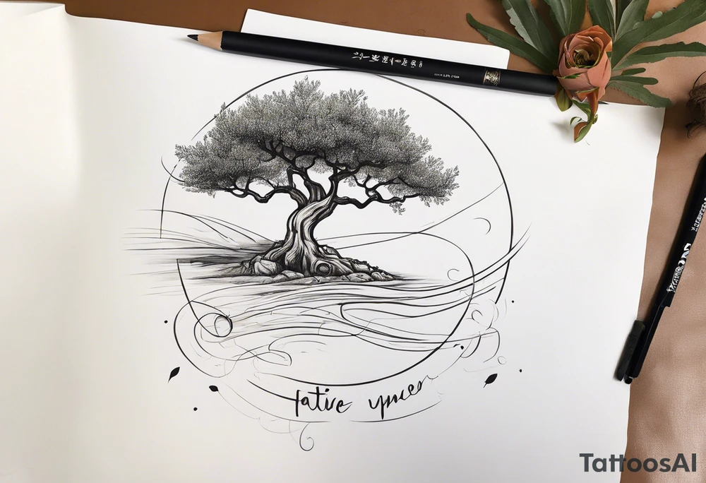And olive tree with exposed roots, writing out “patience” in Korean, next to a tree stump with exposed rings, and a small Poppy flower growing out of the ground tattoo idea